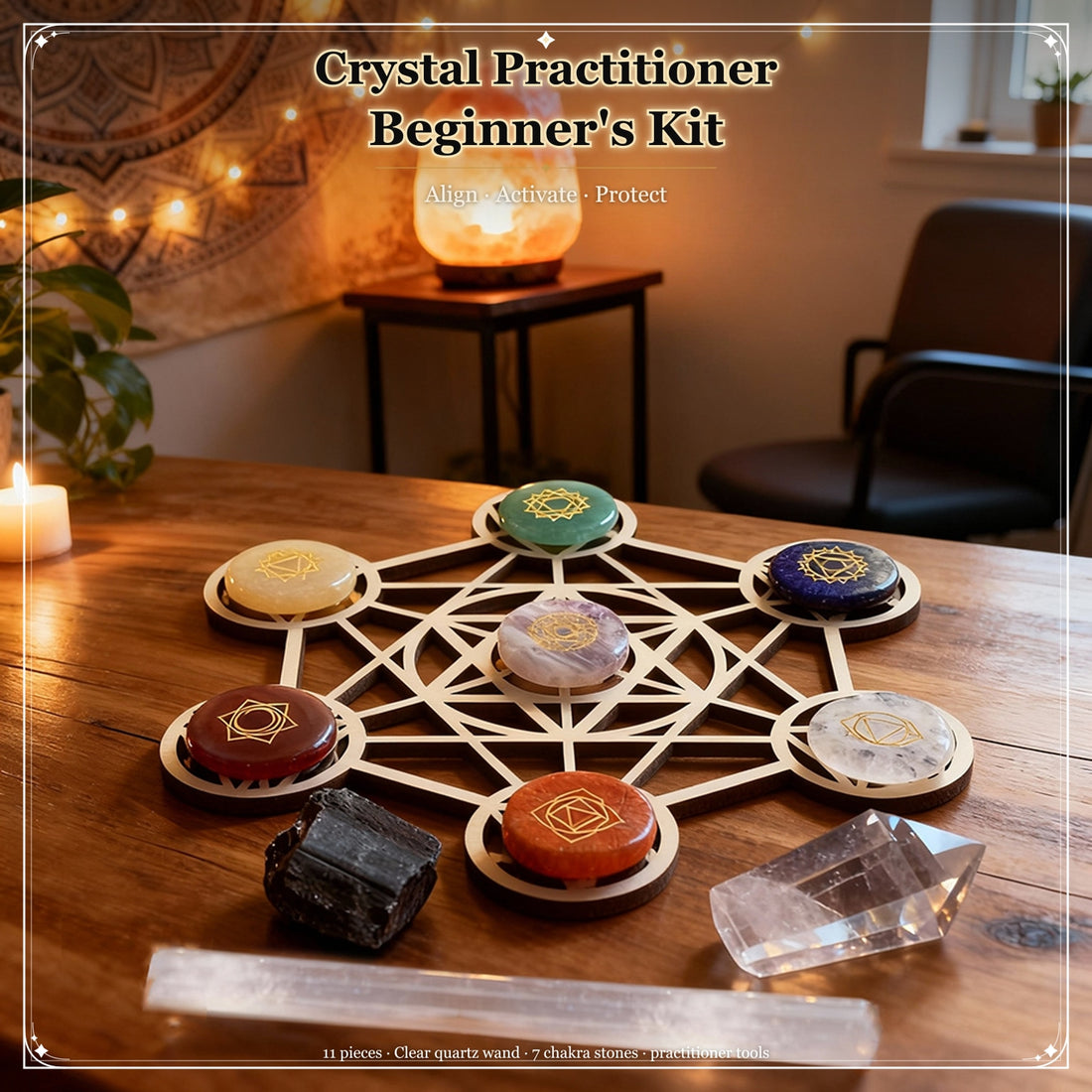 The full kit on a wooden table: seven engraved chakra stones set in a wooden sacred geometry grid, with a black tourmaline chunk, a clear quartz point and a selenite stick in front