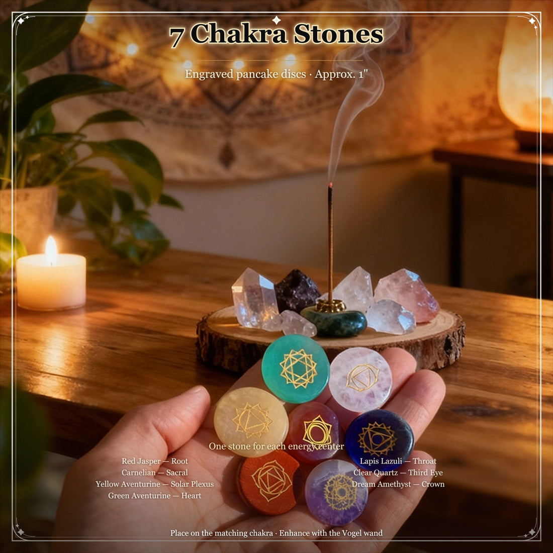 Seven round chakra stones engraved with gold chakra symbols, held in an open hand