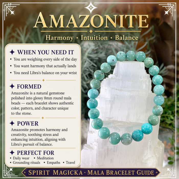Amazonite bead bracelet in soft aqua green on a selenite tower