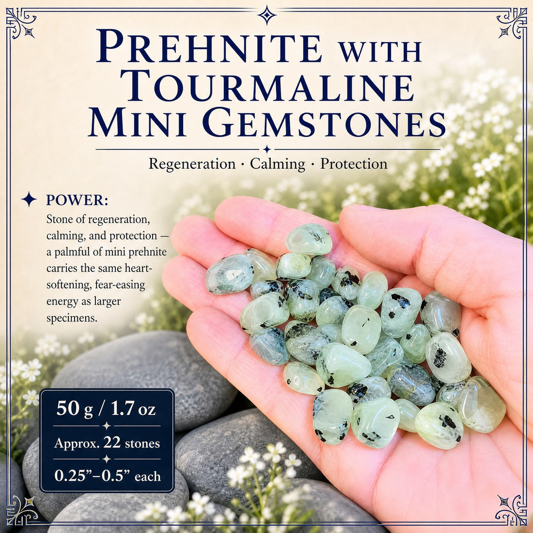 An open palm holding a pile of small tumbled green prehnite stones flecked with black tourmaline
