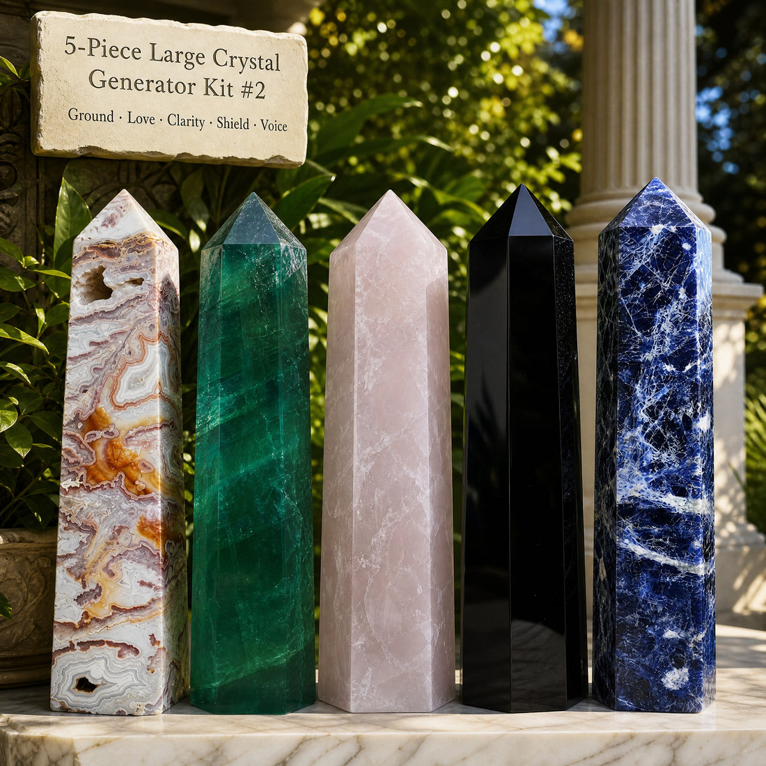Five tall crystal generators in a row on a marble ledge: Mexican lace agate, green fluorite, rose quartz, obsidian and sodalite