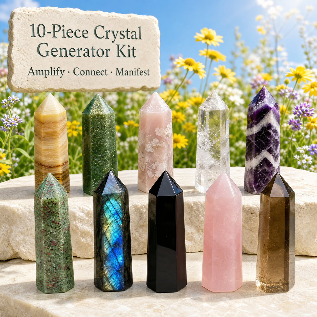 Ten polished crystal points in two rows on a pale stone ledge in a wildflower meadow: Afghanistan jade, aventurine, cherry flower agate, crystal quartz, dream amethyst, green strawberry quartz, labradorite, obsidian, rose quartz and smoky quartz