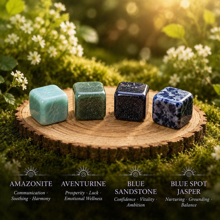 Amazonite, Aventurine, Blue Sandstone and Blue Spot Jasper tumbled cubes
