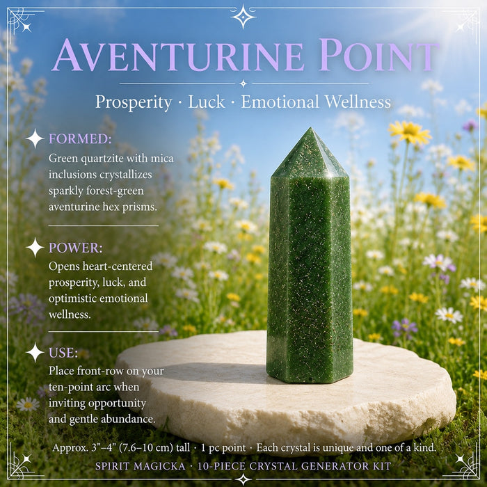 Sparkly green aventurine point on a stone in a meadow