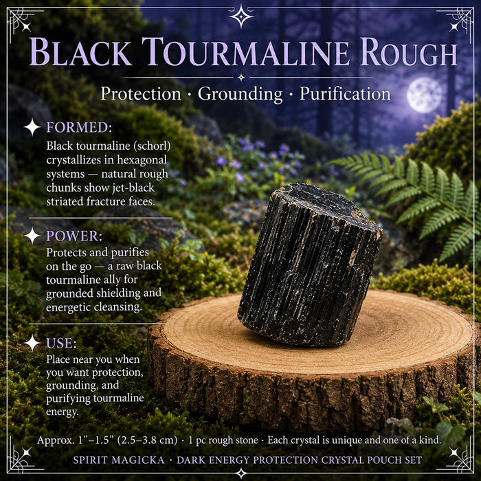 A rough black tourmaline chunk with striated sides on a wooden slice