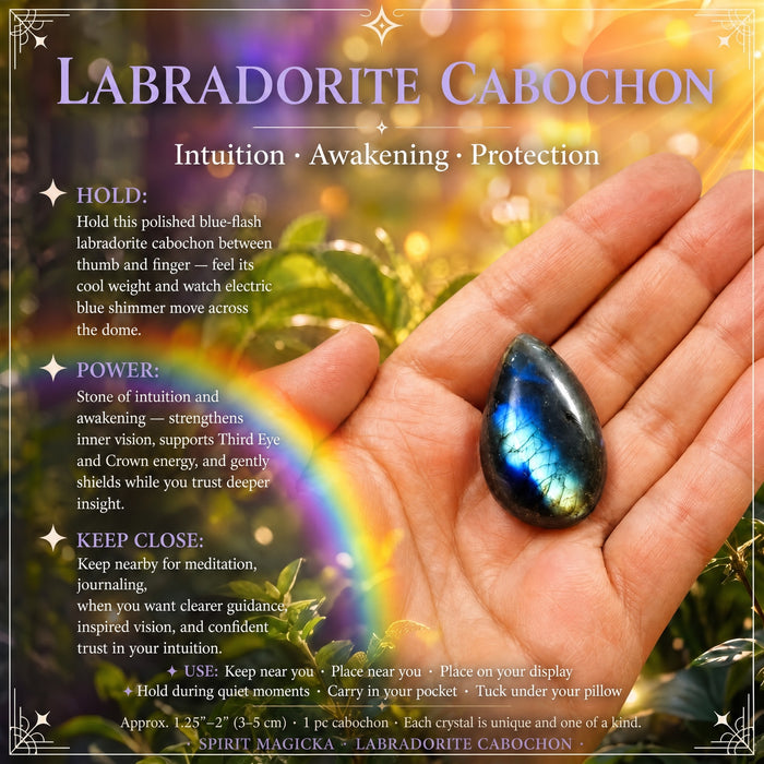 Teardrop labradorite cabochon flashing blue in an open palm