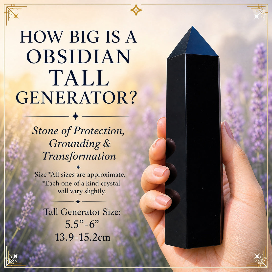 A hand holding the obsidian tall generator upright in a lavender field, with its height printed beside it