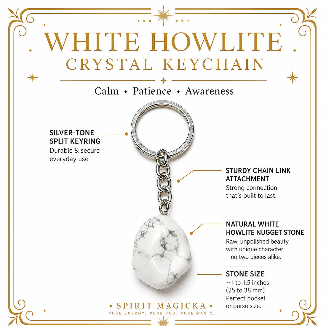 A white howlite nugget veined with grey, hanging from a silver-tone chain and split keyring