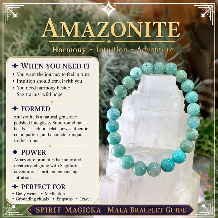 Sea-green amazonite bead bracelet on a selenite tower
