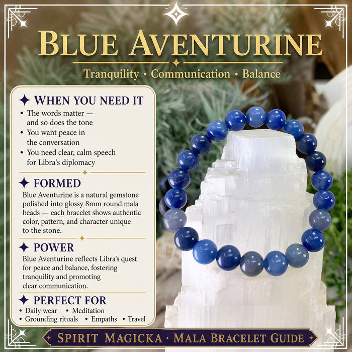 Blue Aventurine bead bracelet in deep and light blues on a selenite tower