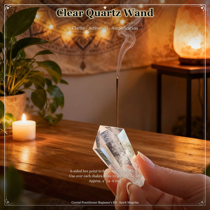 Six-sided clear quartz wand point held between finger and thumb beside a candle