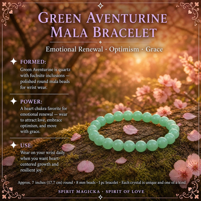 A stretch bracelet of polished green aventurine beads on moss
