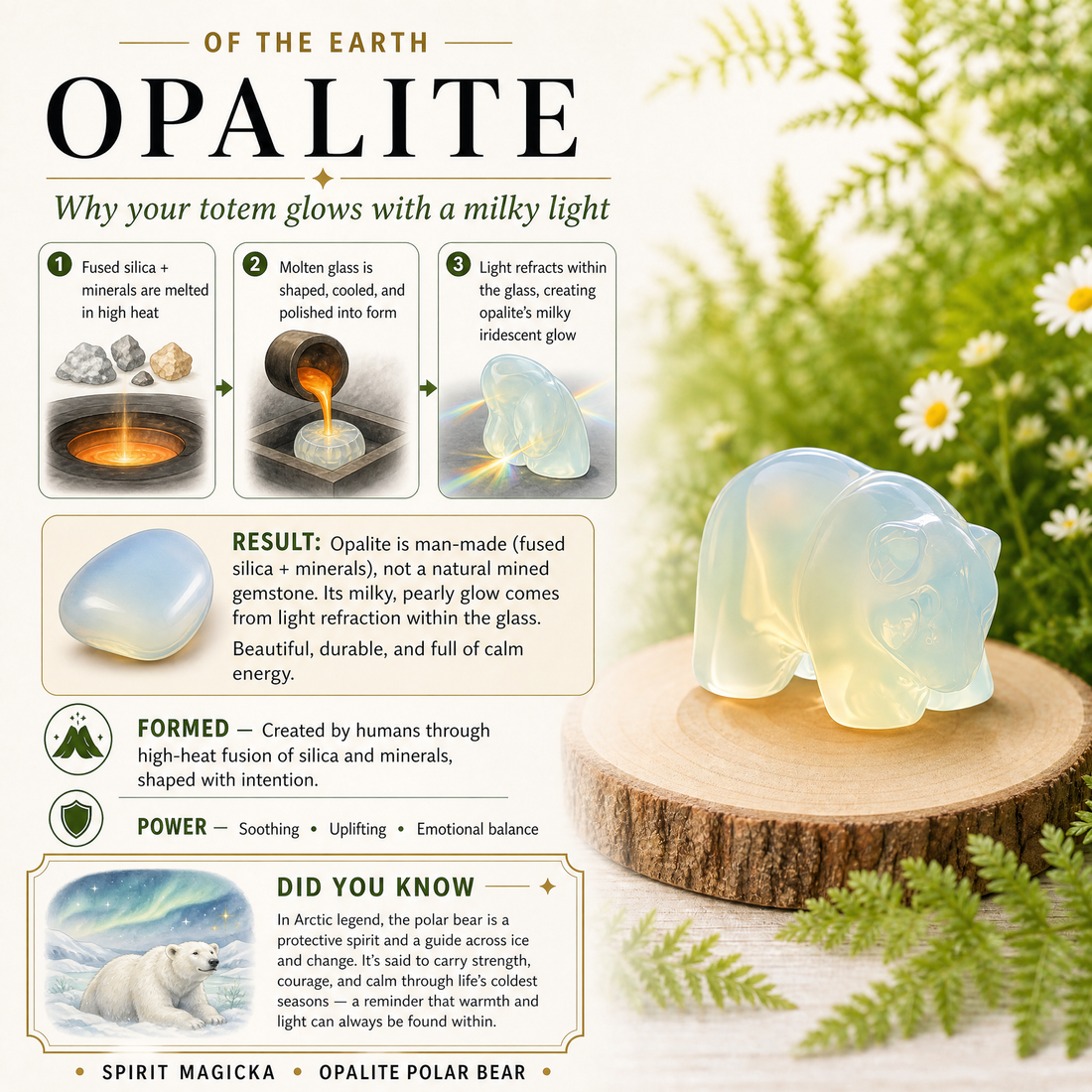 Illustrated guide to how opalite glass is made from melted silica and minerals, beside the opalite polar bear on a wood slice