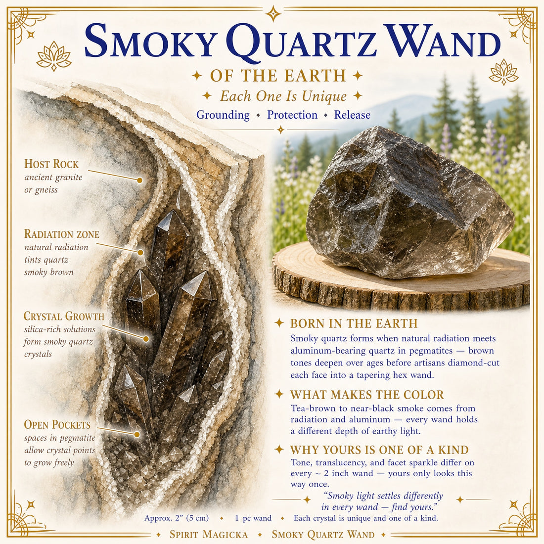 Illustration of smoky quartz crystals growing in a pegmatite pocket beside a rough smoky quartz stone