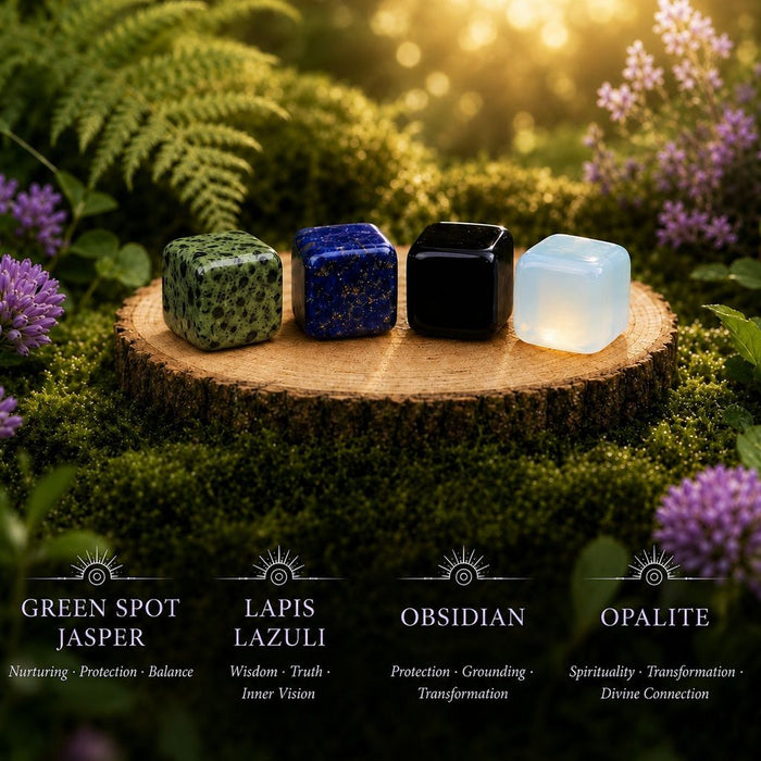 Green Spot Jasper, Lapis Lazuli, Obsidian and Opalite tumbled cubes