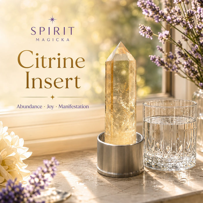 Citrine insert on a sunny windowsill next to a glass of water