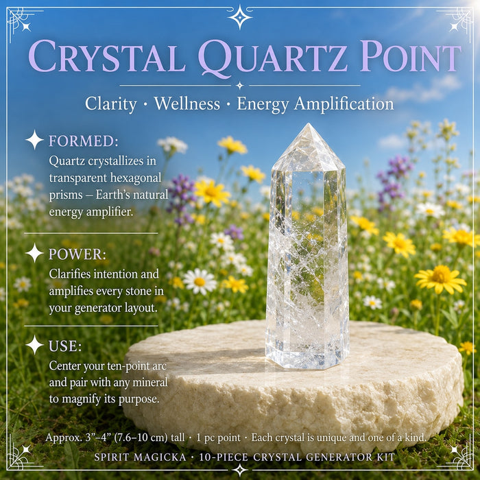 Clear crystal quartz point on a stone in a meadow