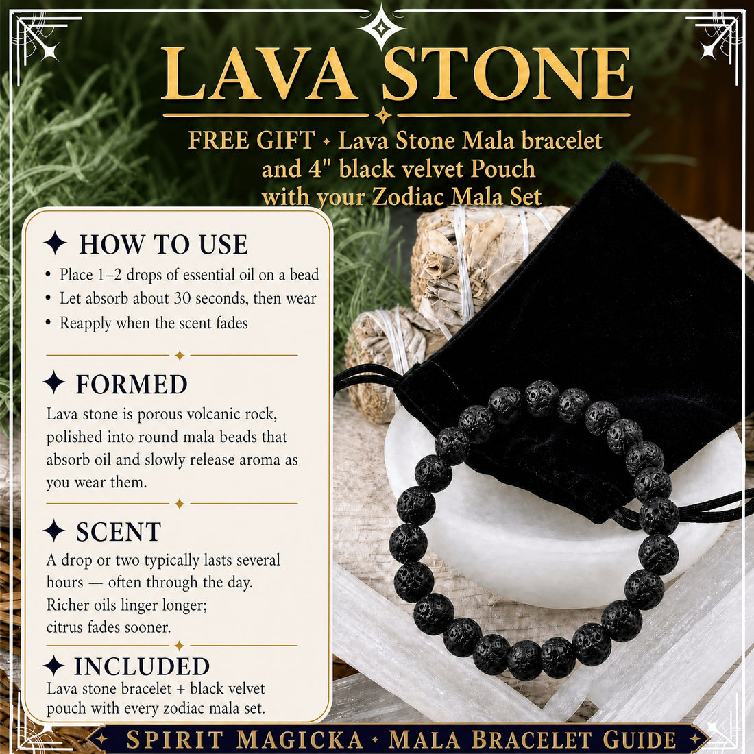 Black Lava Stone bead bracelet resting on a black velvet drawstring pouch, with a guide to scenting it with essential oil