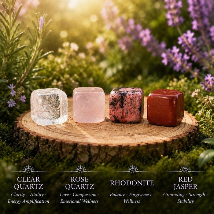 Clear Quartz, Rose Quartz, Rhodonite and Red Jasper tumbled cubes