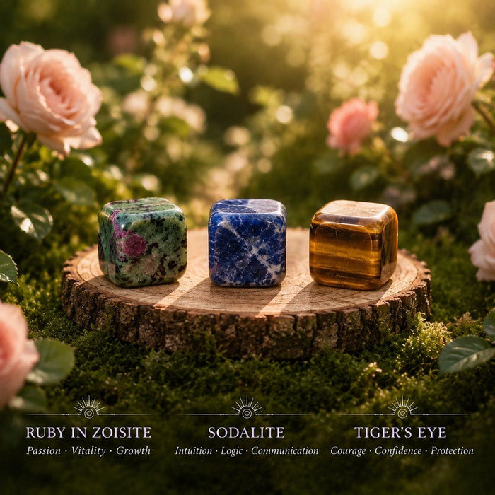 Ruby in Zoisite, Sodalite and Tiger's Eye tumbled cubes