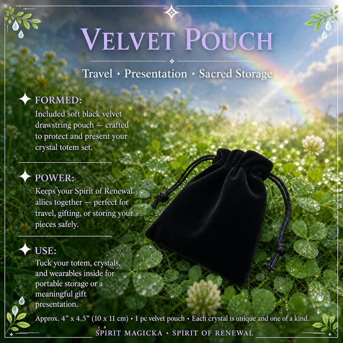 A black velvet drawstring pouch lying in clover