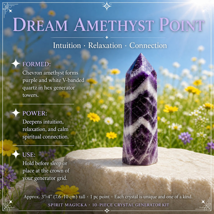 Dream amethyst point with purple and white chevron bands on a stone in a meadow