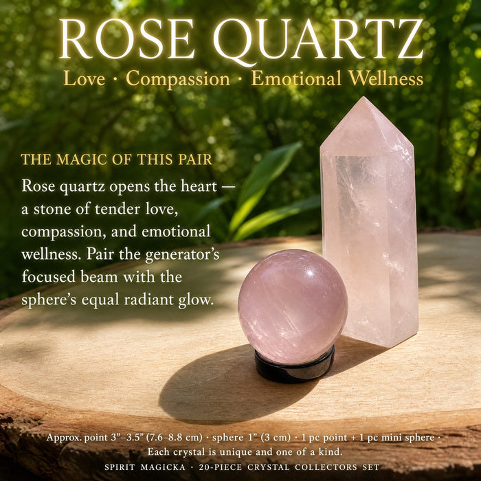 A rose quartz point beside a rose quartz mini sphere