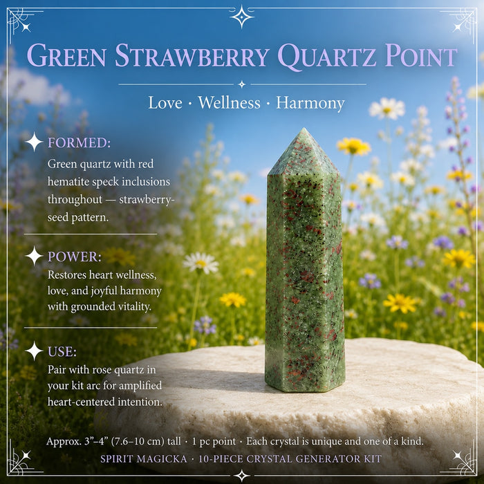 Green strawberry quartz point with red speckles on a stone in a meadow