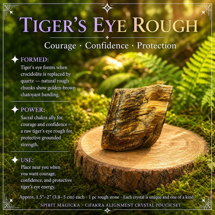 A rough golden-brown banded tiger eye stone on a wood round
