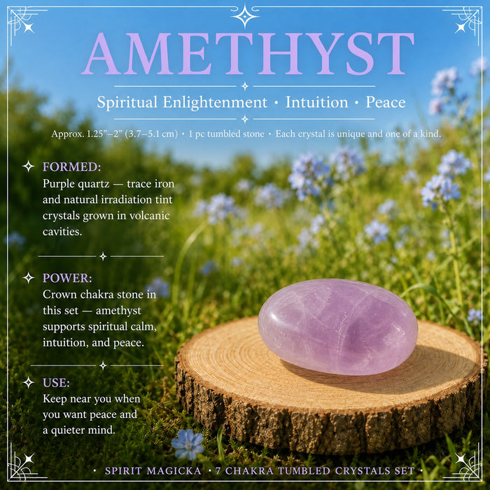A soft lilac amethyst tumbled stone on a wood slice in a meadow