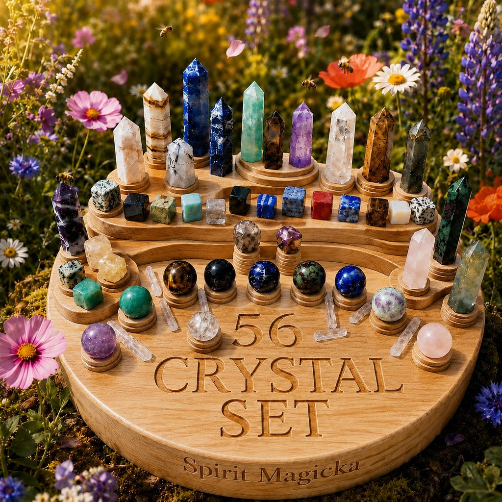 All 56 crystals from the set arranged together on a wood display stand