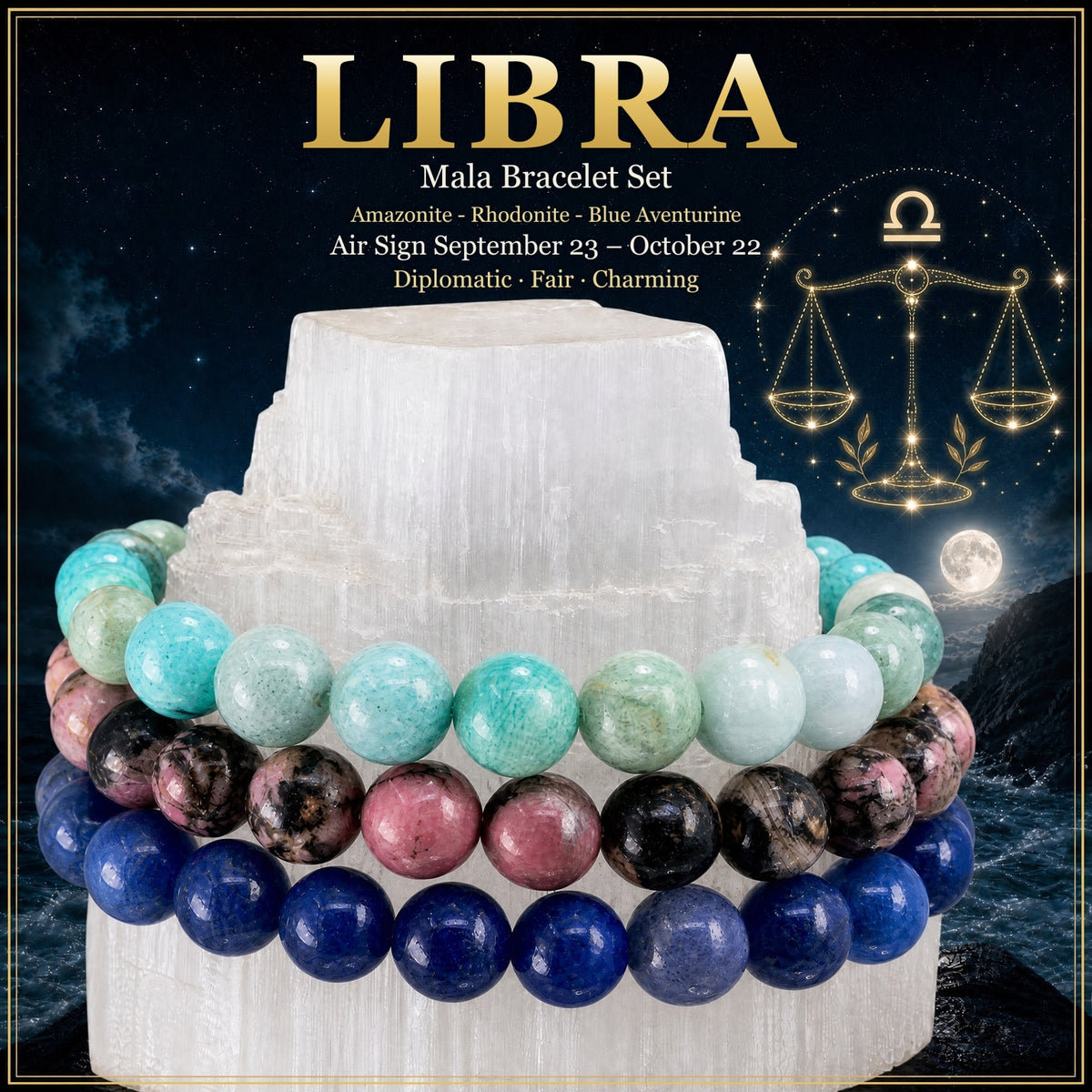 ♎ Libra - September 23rd to October 22nd - Zodiac Astrology Crystal Bracelets Set