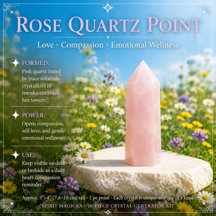Soft pink rose quartz point on a stone in a meadow