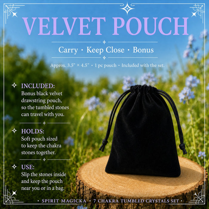 A black velvet drawstring pouch on a wood slice in a meadow
