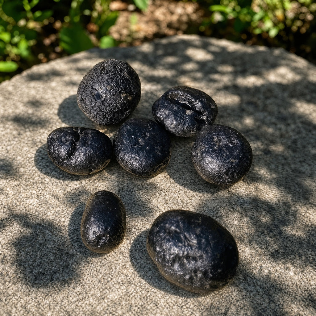 Nine tektites of different shapes and sizes spread out on a sunlit granite rock