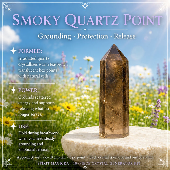 Tea-brown smoky quartz point on a stone in a meadow