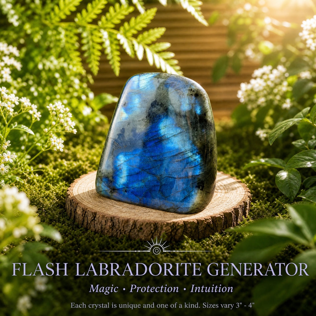 A polished flash labradorite freeform glowing electric blue on a wood round among ferns