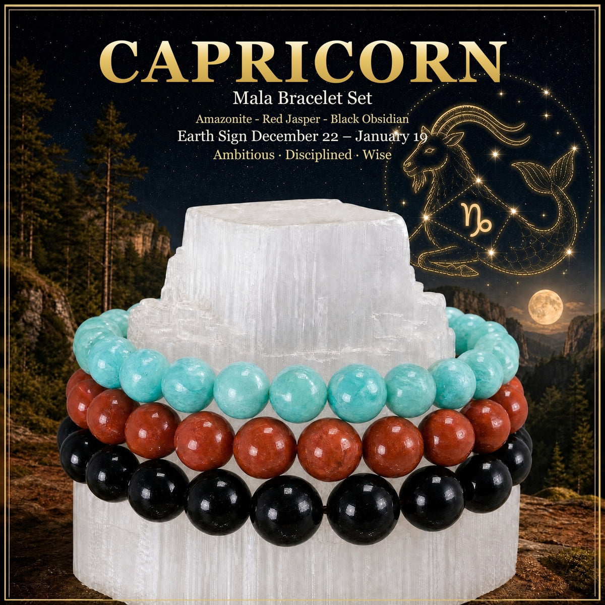 ♑ Capricorn - December 22nd - January 19th - Zodiac Astrology Crystal Bracelets Set
