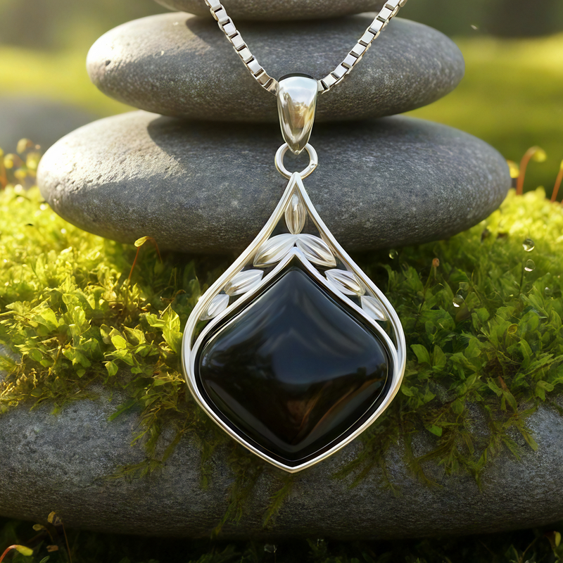 Black Onyx & Silver Teardrop Necklace
