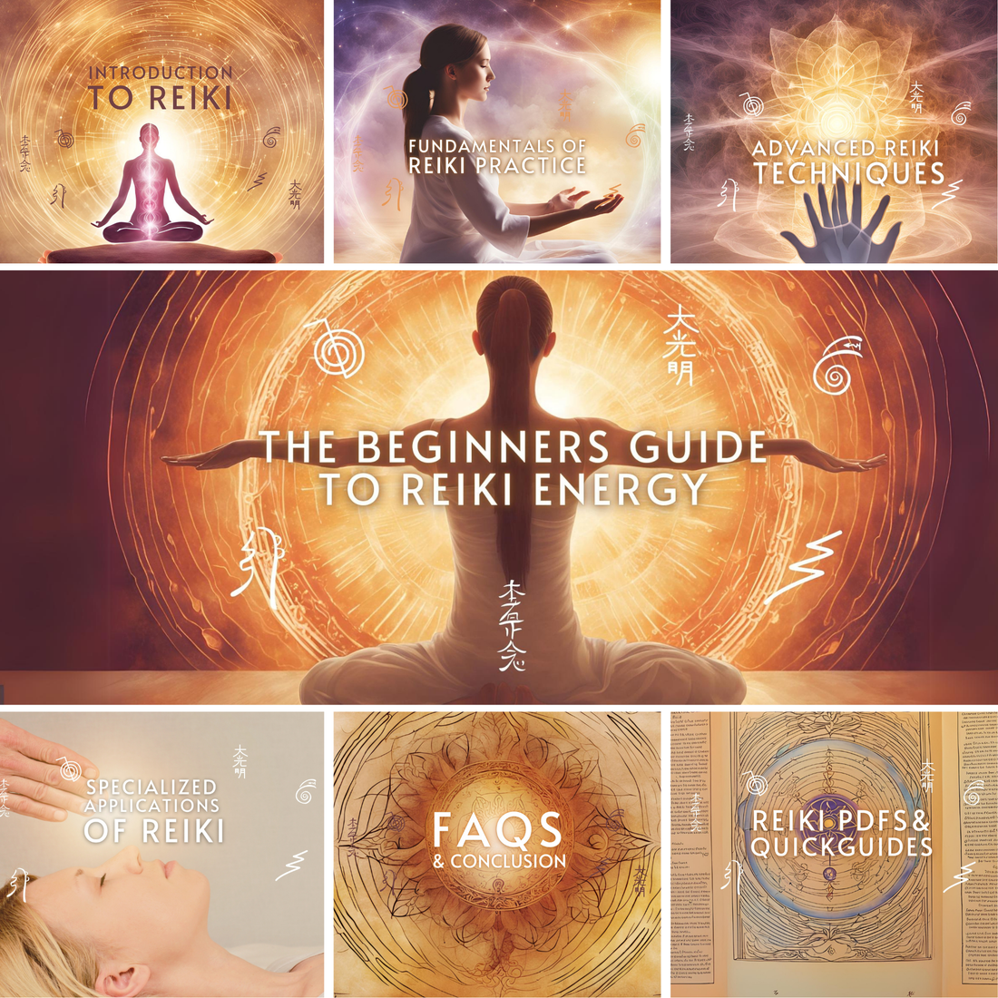 Course overview collage titled The Beginners Guide to Reiki Energy, with tiles for each module