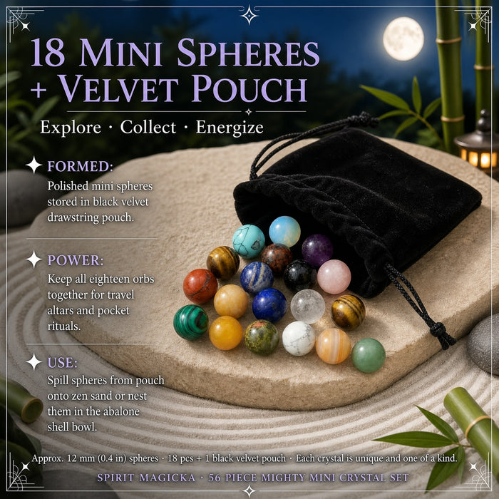 Mini crystal spheres spilling out of a black velvet drawstring pouch