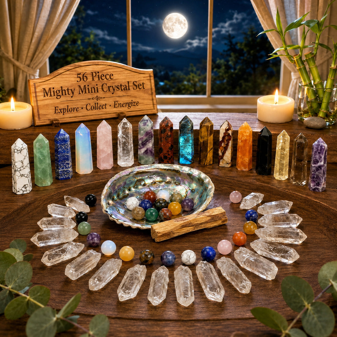Sixteen mini crystal points in a row behind an abalone shell filled with mini spheres, a palo santo stick and a ring of clear quartz shards
