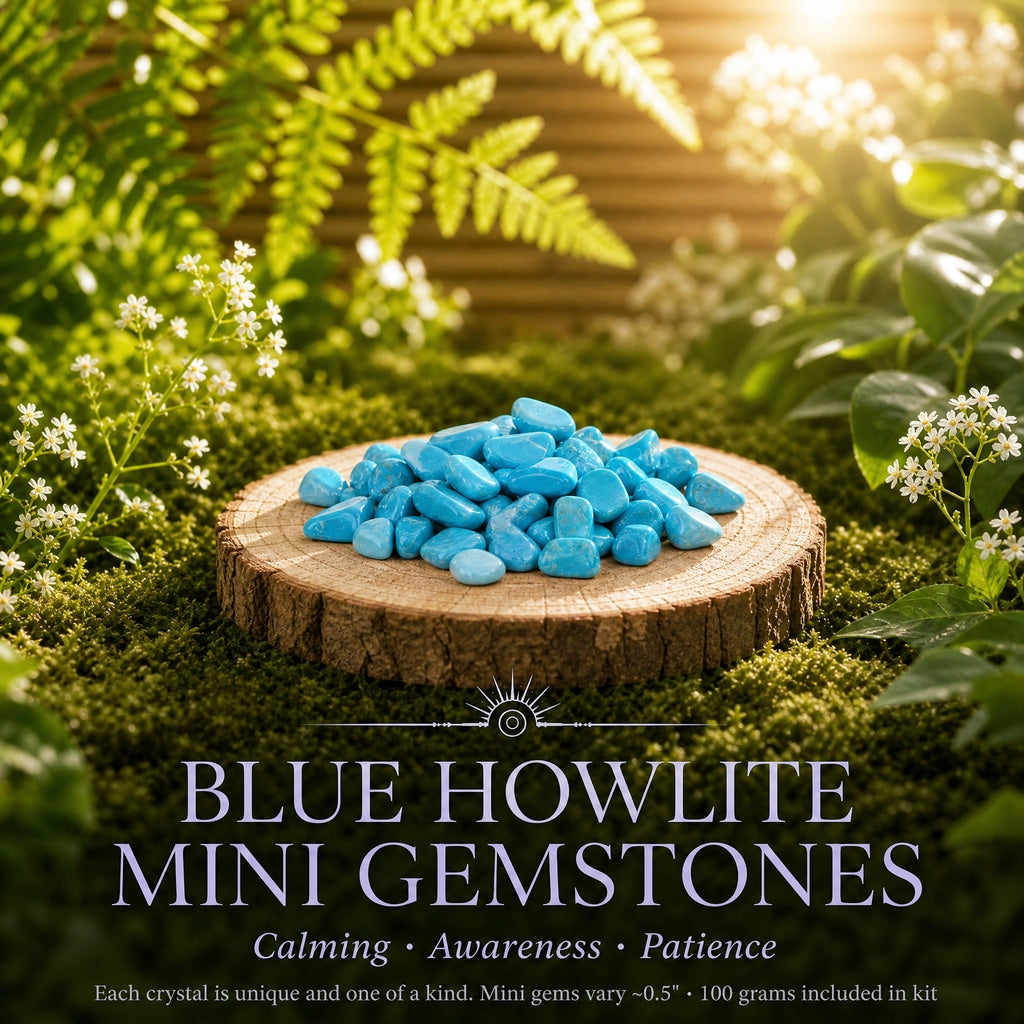 A pile of small tumbled blue howlite chips on a wood round