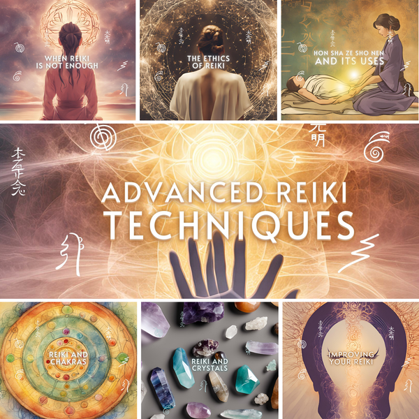 Module collage titled Advanced Reiki Techniques, with tiles on ethics, Hon Sha Ze Sho Nen, chakras and crystals