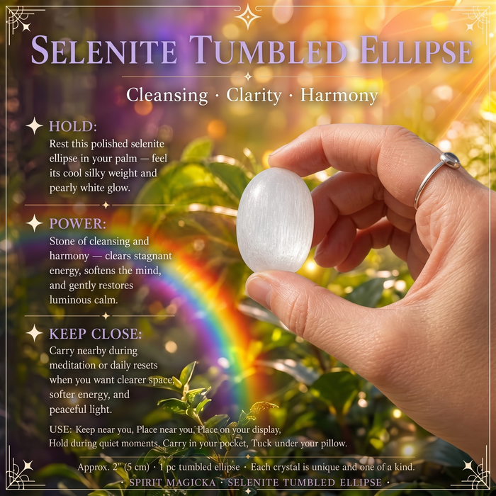 Pearly white selenite ellipse stone held between thumb and fingers