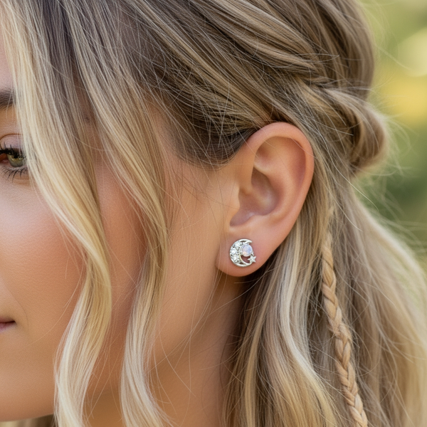 Moonstone & Silver Celestial Stud Earrings