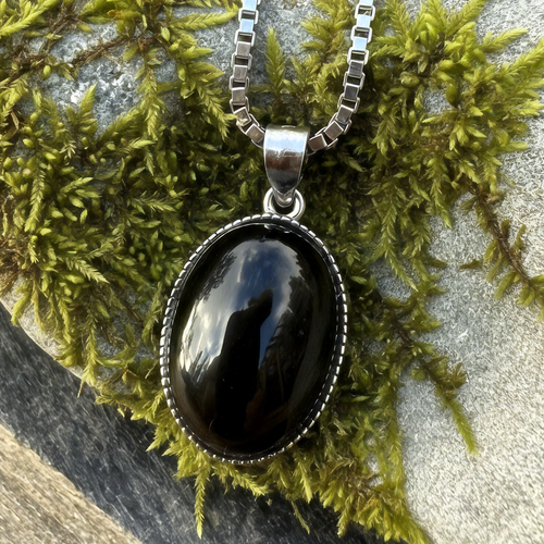 Black Obsidian & Silver Halo Necklace
