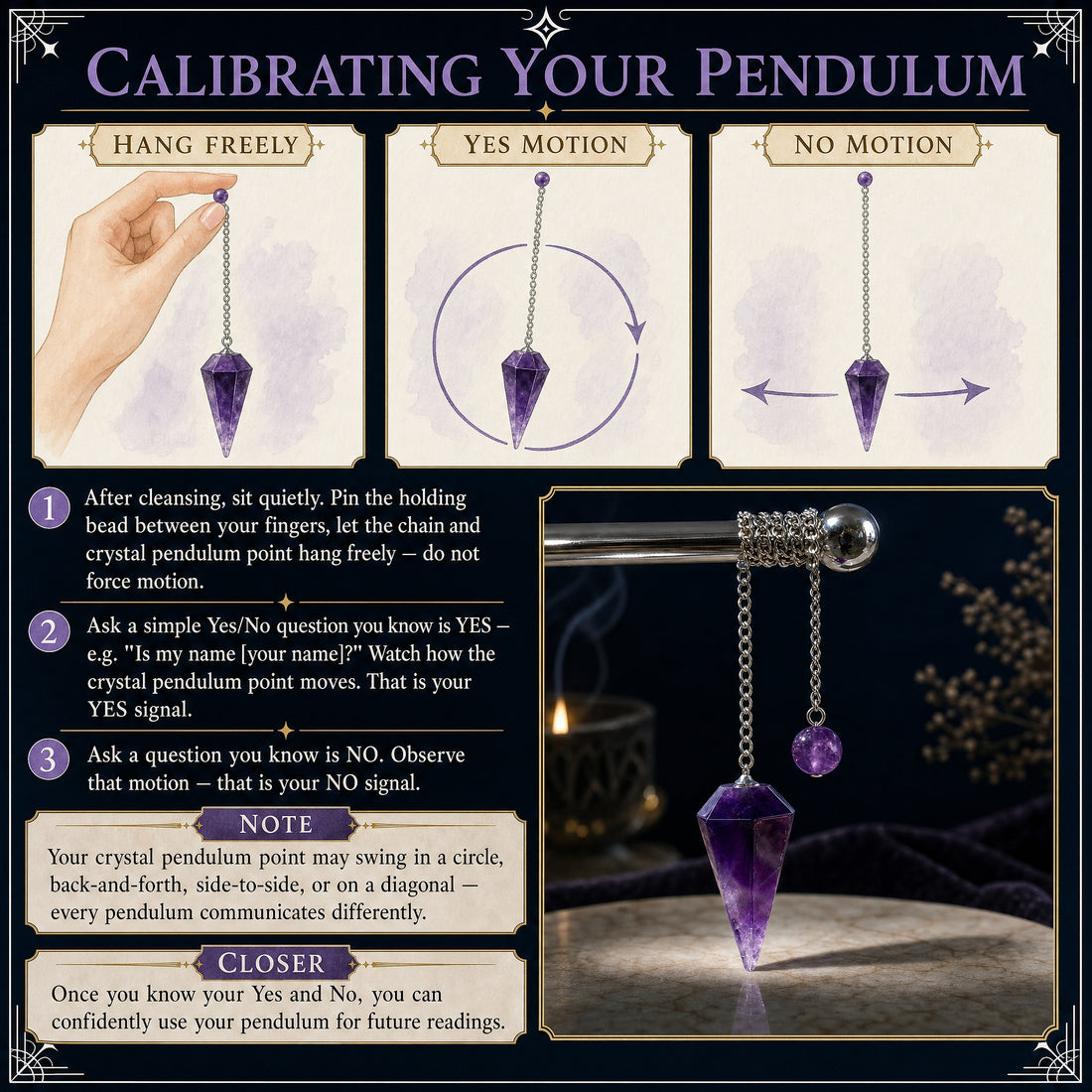 Calibration guide showing the pendulum hanging freely, a circular yes motion and a side-to-side no motion