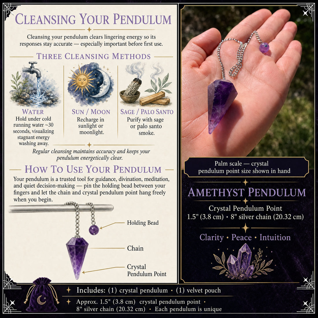 The amethyst pendulum resting in an open palm beside a labelled diagram of its holding bead, chain and crystal point