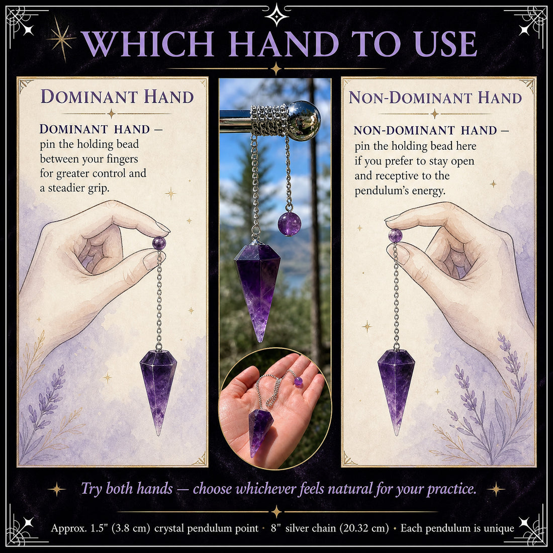 Illustrations of the pendulum held in the dominant and non-dominant hand, beside photos of the amethyst pendulum